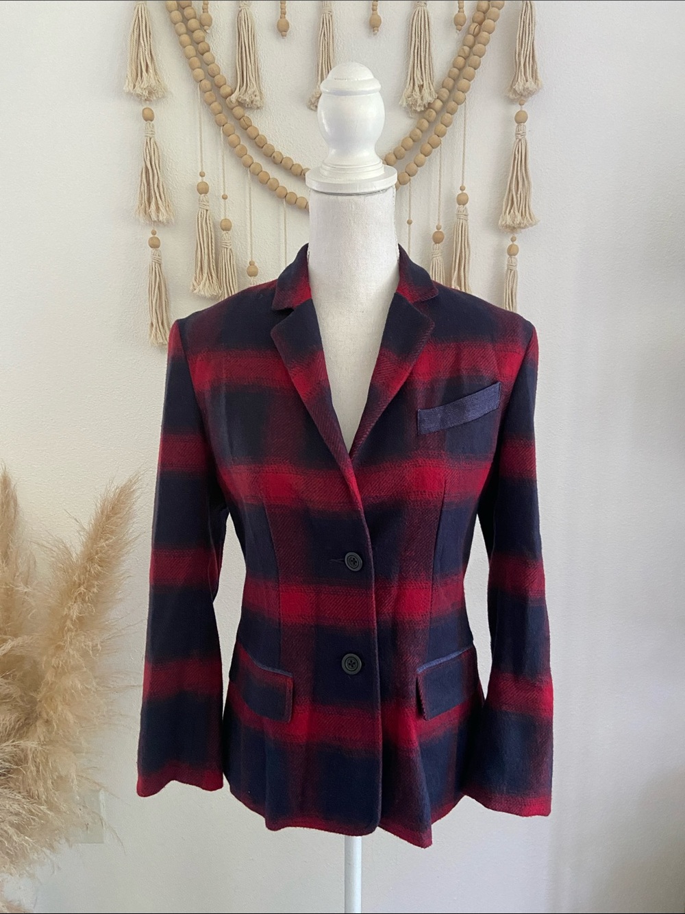 Bishop wool shrunken blazer jacket red blue plaid flannel coat no size tag small
